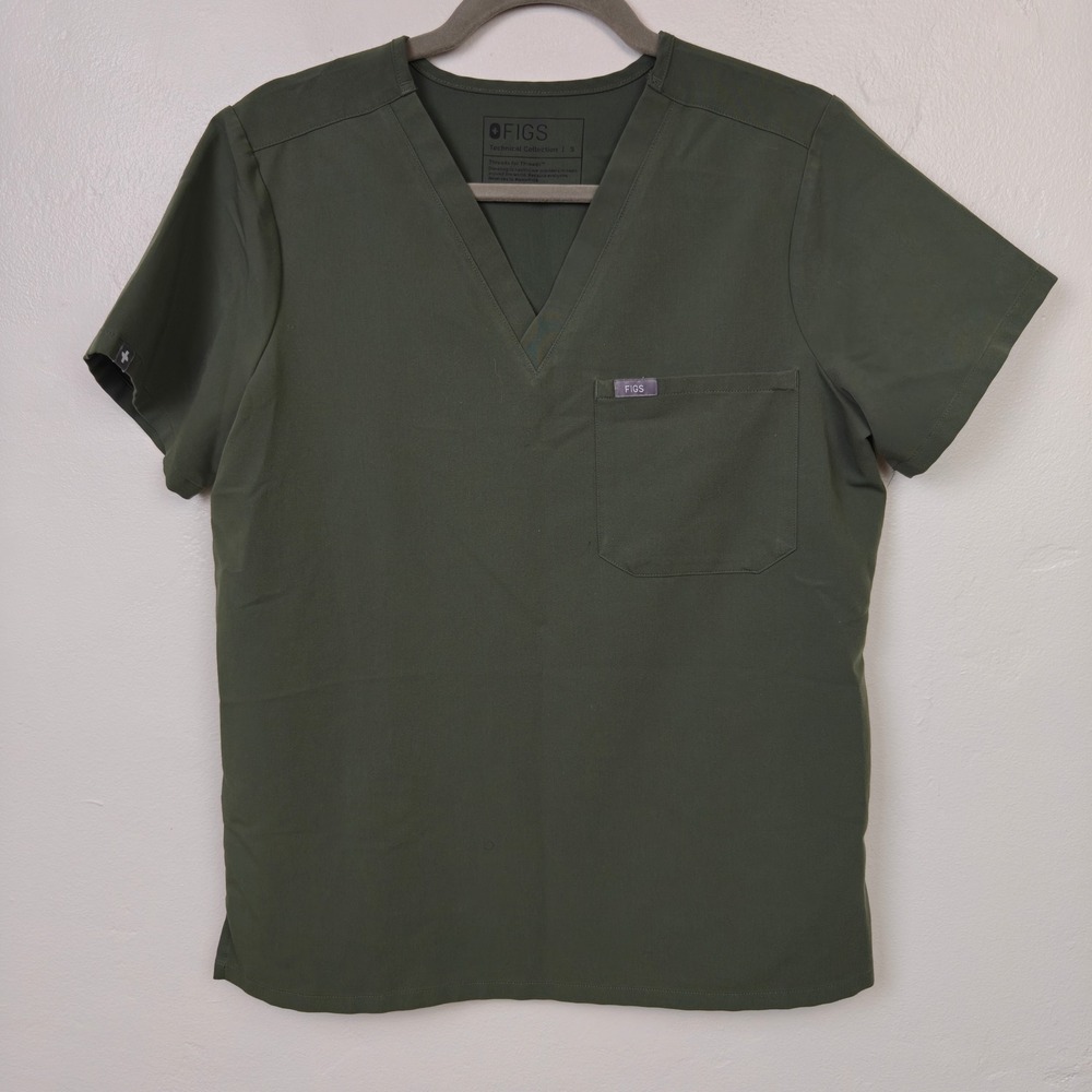 Figs Women Catarina Top Small Olive Green V-Neck Pocket Scrub Technical